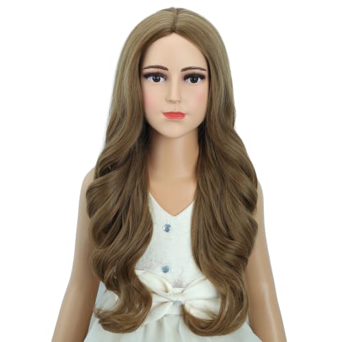 Image of Ginger Wig for Kids Children Long Light Brown Wavy Curly Wig Girls Long Ginger Middle Part Wigs Heat Resistant Synthetic Wigs with Cap
