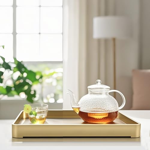 KInGSUnS かわいい アクセサリートレイ おしゃれ 小さめ お盆トレー コーヒーカップ お茶 朝食 デザート ドリンクとフルーツ用 ゴールド×グレー モダンデザイン 長方形トレー ギフト包装 誕生日 母の日 パーティー用 27.5 x 17.5 × 3.1cm