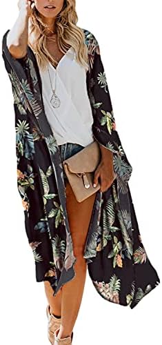 MayBuy Women's Summer Long Flowy Kimono Cardigans Boho Chiffon Beach Cover Up Tops