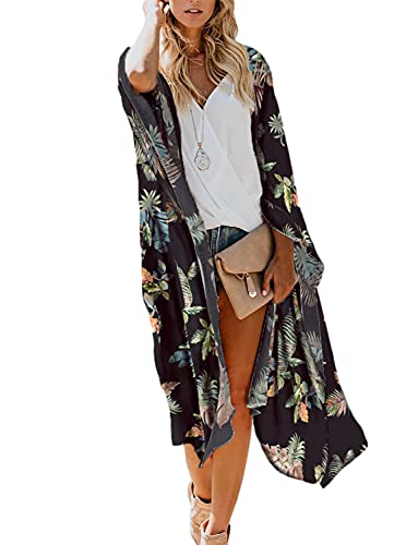 Women s Fall Chiffon Long Kimono Cardigans Dusters Boho Floral Beach Swimsuit Swimwear Cover Ups Maternity Tops Sheer Thin Hawaiian Tropical Leaf Print Black Small