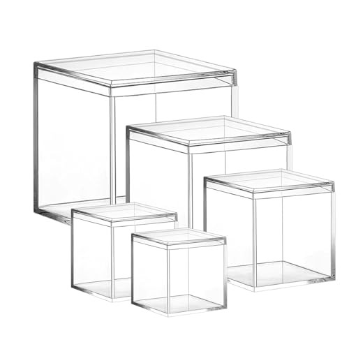 PROFIKLA 4.7/4/3.3/3/2.5 inch Clear Acrylic Box with Lid, Jewelry Display Box, Plastic Square Cube...