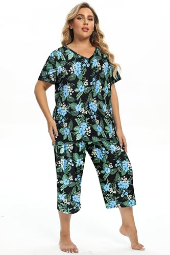 Image of Vozanet Women's Pajamas Set Soft V Neck Sleepwear Top and Capri Pj Lounge Sets Cartoon Heart Shape Cat Nighty Plus Size
