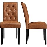 Yaheetech Dining Chairs Set of 2 Modern Style Faux Leather Dining Room Chairs with Solid Wood Legs and Button Tufted Padded for Home Kitchen, Retro Brown