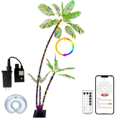 SOSHOT 7FT Lighted Artificial Palm Tree with Three Trunks and 242 LED Lights with Remote Control and...