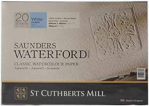 ST Cuthberts Saunders Waterford blocco carta per acquerello,collato 4 lati 31x23cm,20 fogli, bianco naturale, grana fine, 300gm