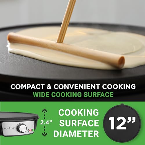 Nutrichef Electric Crepe Maker Pan & Griddle - 12 Inch Nonstick Cooktop, LED Indicators & Adjustable Temperature Control, Includes Spatula, Batter Spreader, Cooks Crepes, Roti & Pancakes