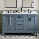 DELUXE LIVING 60 Inch Bathroom Vanity Double Sink, Fully Assembled Solid Wood Frame Double Sink Bathroom Vanity with Soft Closing Doors & Full Extension Dovetail Drawers, Quartz Top, Steel Blue
