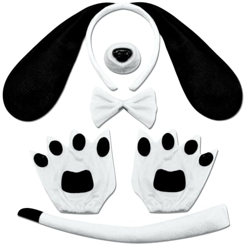 DysanVica Dog Long Ears Headband - 5PCS Dog Ears Headband Bowtie Nose Tail Puppy Paw Gloves for Adult Women Halloween Costume Floppy Animal Cosplay Party Accessories Set (Black and White)