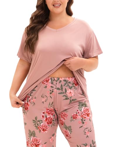 Image of Plus Size Pajamas for Women Set, Womens Plus Size Short Sleeve V Neck Capri Pants Pajama Sets with Pockets