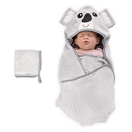 Navaris Baby Handtuch mit Kapuze und Waschlappen - Set aus Bambus - Badetuch ab 0 Monate - Kapuzenhandtuch 70x70cm Ökotex zertifiziert - Koala Design