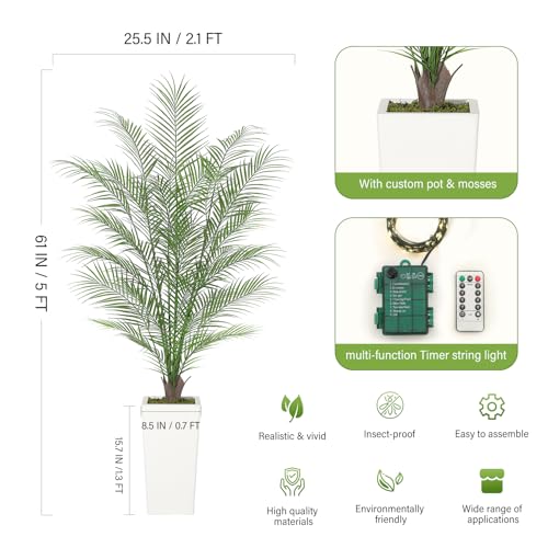 5FT Fake Palm Tree Faux Areca Palm Plants with 32 Full Lifelike Palm Leaves Realistic Trunks Fake Tropical Palm Tree for Indoor Home Outdoor Yard Décor with Lighting Tall Trapezoidal Prism White Pot