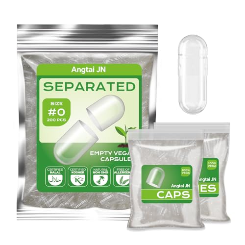 Angtai JN Capsules Vides Végétales Séparées Taille 0 (200 unités), Gélules vides à Remplir, Compatible avec la Machine de Remplissage de Capsules 0