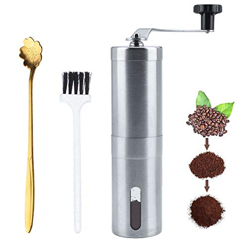 DIQC Manuelle Kaffeemühle mit Bürste, Löffel, Edelstahl, Kaffeebohnenmühle mit verstellbarem Keramik-Frässtift, Handkurbel, kompakte Größe für Zuhause, Büro, Reisen Cover