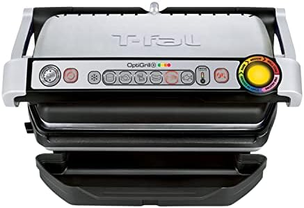 T-Fal OptiGrill Stainless Steel Electric Grill 4 Servings 6 Intelligent Automatic Cooking Modes 1800 Watts Nonstick Removable Plates, Dishwasher Safe, Indoor, Frozen Food