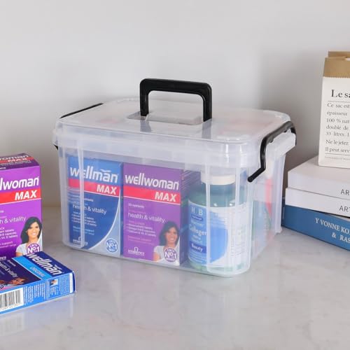 Image of HEY FOLY Set of 2 Clear Medicine Organizer Storage Box with Tray, 15qt+5qt Plastic First Aid Box Empty, Thickened Medicine Container Chest, Multipurpose Medical Case with Labels, Clear Medicine Caddy