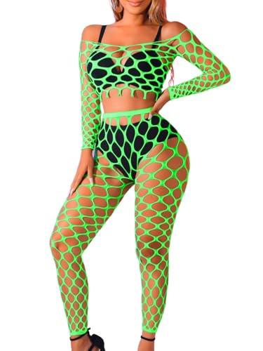 Kaei&Shi Sexy Fishnet Bodysuit Stockings,Hollow Out Rave Outfits,2 Piece Mesh Top Set,Club Outfit Exotic Dancewear Neon Green