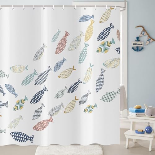 Hnmdmyi Rideau de Douche Poisson 180x200, Océan coloré Poissons nageant Dessin animé Blanc...