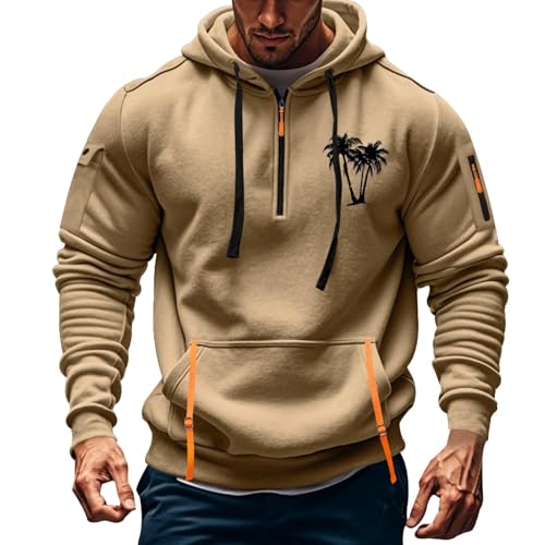 Casual Long Sleeve Hoodie For Men Palm Tree Loose Fit Climbing Cargo Sweatshirt Quarter Zip Outdoors Hooded Pullover