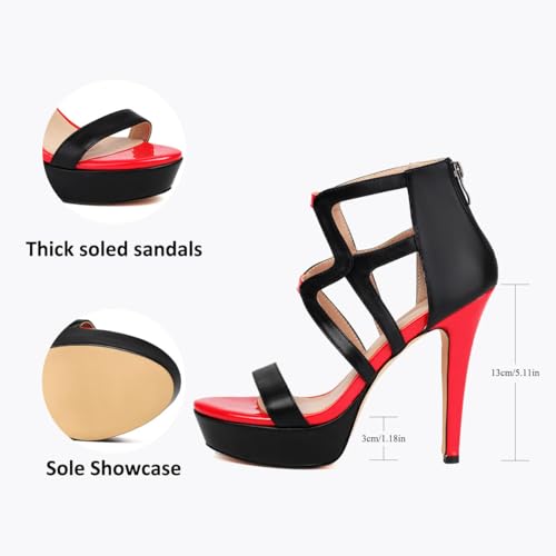 Women's Black and Red Stiletto Sandals Platform Heels Crisscross Open Toe Dress Shoes for Weddings with Back Zip2