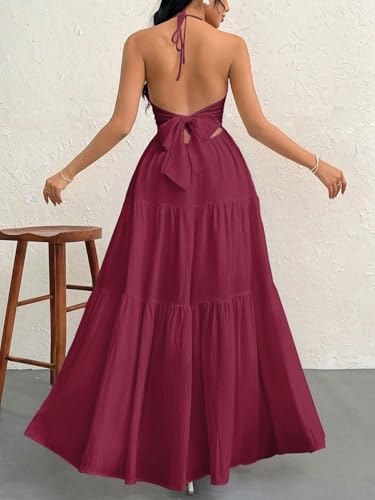 Image of Narecte Women's Maxi Summer Dresses Halter V Neck Beach Dresses for Women A-Line Casual Dress for Vacation