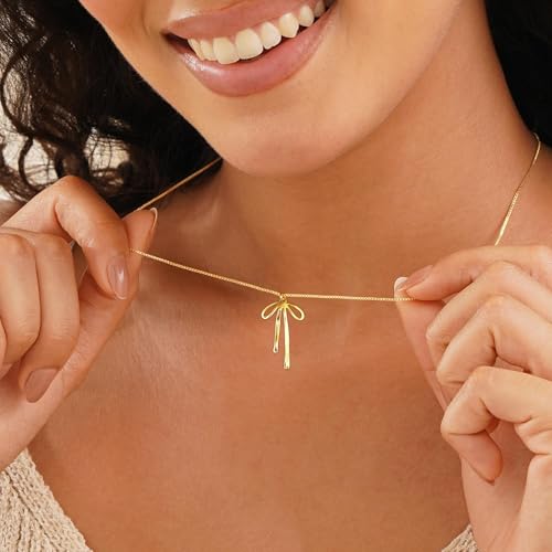 Gold Necklace for Women Trendy, Dainty Gold Bow Necklace 14K Gold Plated Necklace Cute Bow Pendant Necklace Simple CZ Bead Bow Chain Choker Necklaces for Women Gold Jewelry Christmas Gifts3