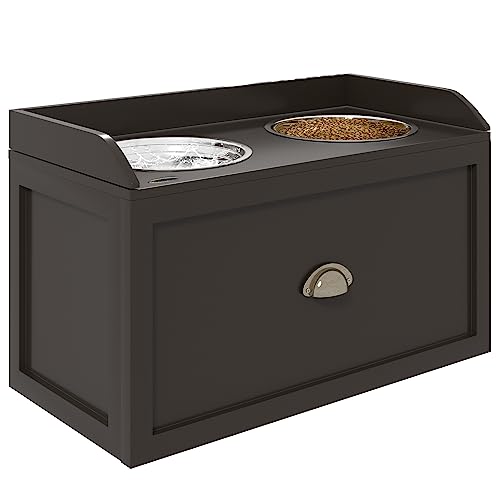 PawHut Comedero Elevado para Perros Grandes Cuencos para Perros con 2 Tazones 2000ml de Acero Inoxidable y Cajón Oculto Soporte de Madera para Mascotas 60x30x36 cm Marrón