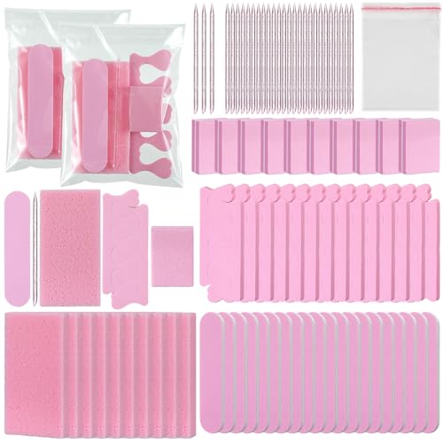 Lanties 50 Sets Disposable Pedicure Kit Individually Package 5 in 1 Pedicure Tools Pumice Stone Nail File 80/100 Grit Mini Buffer Toe Separator Cuticle Pusher Clear Bag for Salon Home(Pink)