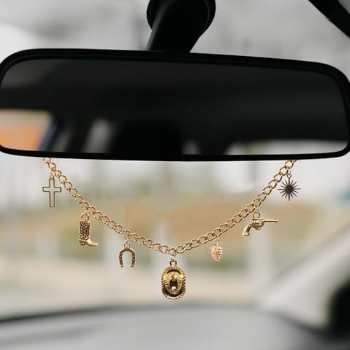 Cute Western Country Car Rear View Mirror Hanging Accessories for Women Cowgirl Gold Car Decor Charm Aesthetic Cowboy Rearview Chain Ornament Pendant Truck Interior Girl Girly Horse Boot Hanger