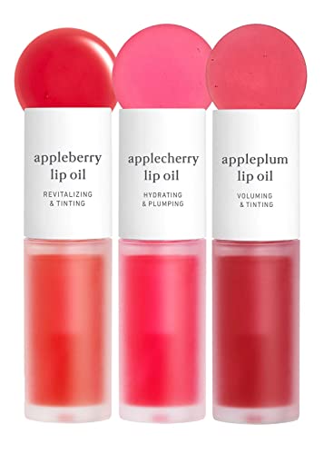 NOONI Appleseed Lip Oil Trio - Appleberry, Appleplum & Applecherry | with Apple Seed Oil, Lip Oil Sets, Lip Stain, Gift Sets, For Chapped and Flaky Lips