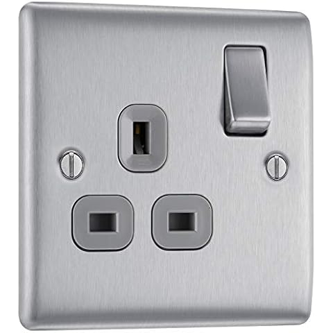 BG Electrical NBS21G-01 Single Switched Power Socket, Brushed Steel, 13 Amp Cover