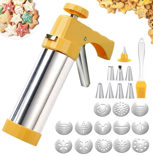 Pistola de prensa de galletas, kit para hacer galletas de acero inoxidable con 8 boquillas de tubería y 13 discos de molde para decoración de pasteles y fiestas de cumpleaños