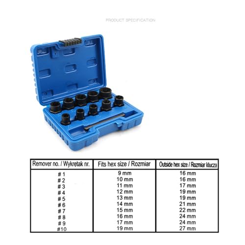 Extractor de tornillos hexagonales y tuercas en juego de 11 piezas de acero 8