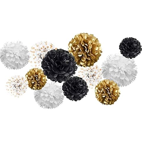 Paper Pom Poms Black and White Gold Dot Tissue Hanging Paper Pom Poms,Flower Ball New Year Birthday Party Decoration(12pcs,8"&10"&12") Cover