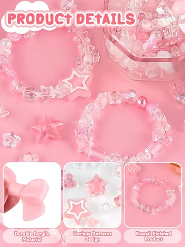 Kalolary 150PCS Acrylic Pastel Beads for Jewelry Making - Colorful Bow Butterfly Flower Heart Cute Macaroon Aesthetic Beads for Bracelet Necklace DIY Supplies (Pink)