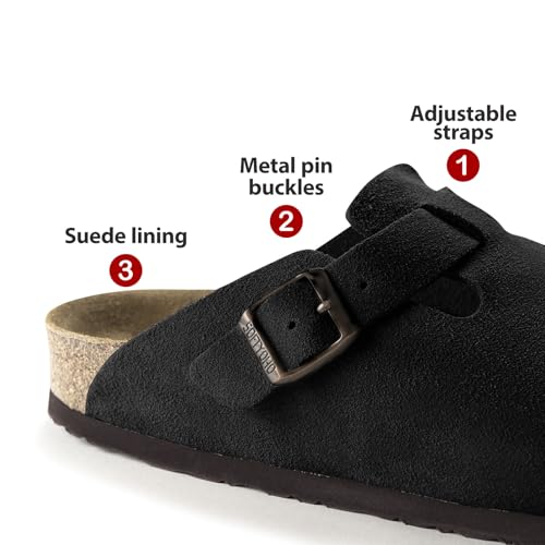 Image of SOFTYOHO Clogs for Women Men, Mules with Arch Support and Adjustable Buckle, Suede Leather Cork Footbed Potato Shoes