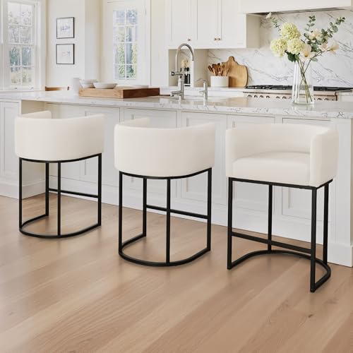 LUE BONA Counter Height Bar Stools Set of 3 Modern Barrel Counter Stools with Backrest and Arms Black Metal Frames Linen Fabric Upholstered Accent Barstools for Kitchen Island Beige