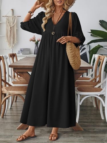 Image of Celmia Autumn Solid Loose Long Maxi Dress Cotton Caftan