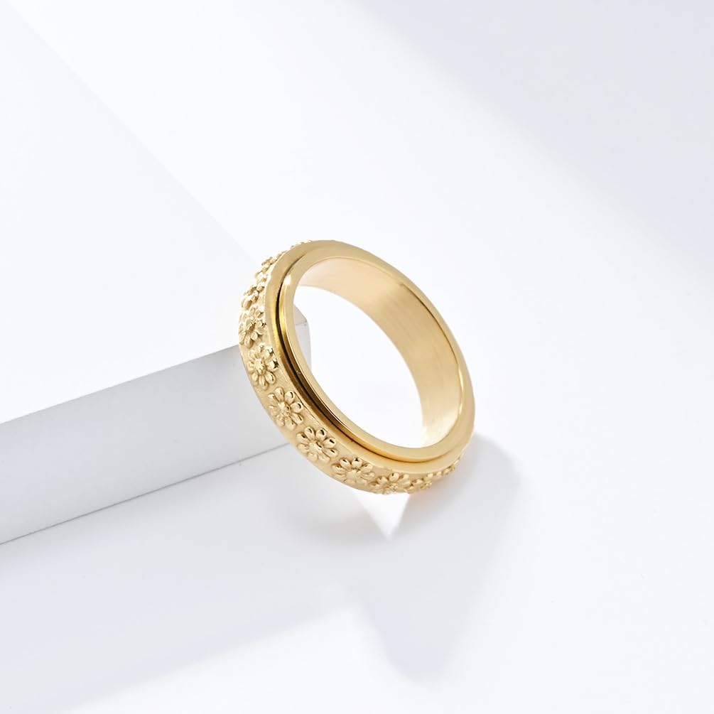Women's Anxiety Ring 6MM Stainless Steel Spinner Ring Daisy Sunflower Pattern Wedding Band Fidget Tool