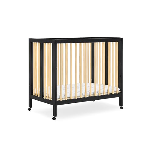 Delta Children Mia Portable Folding Mini Crib with 1.5-Inch Mattress - Greenguard Gold Certified, Ebony Black/Natural