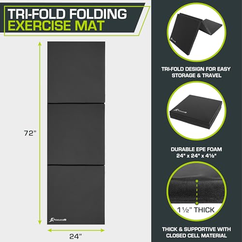 Image of ProsourceFit Tri-Fold Folding Thick Exercise Mat 6'x2' with Carrying Handles for MMA, Gymnastics, Stretching, Core Workouts