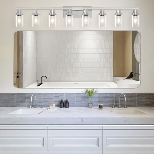 Image of 52inch Brushed Nickel Vanity Light Fixtures, 8 Light Brushed Nickel Bathroom Vanity Lights Over Mirror, Matte Nickel Modern Bathroom Wall Lighting for Mirror Bedroom,Living Room