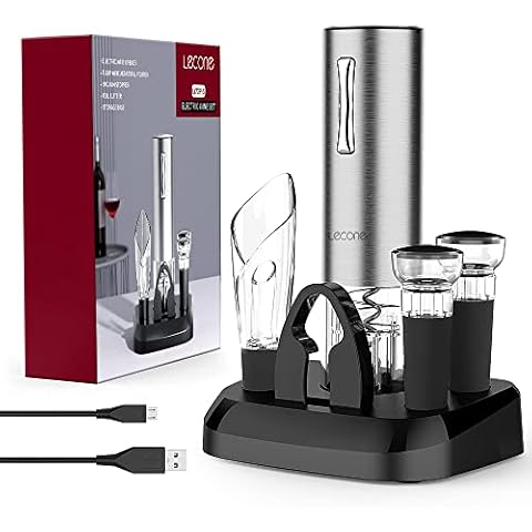 Lecone 7 in 1 Elektrischer Korkenzieher Set, Edelstahl Korkenzieher Elektrisch Flaschenöffner Weinflaschenöffner, Automatische Weinöffner mit USB Lade Geschenkset, für Zuhause, Restaurant, Party Cover
