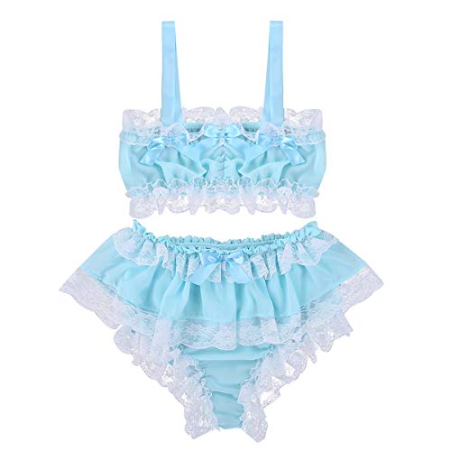 renvena Men's 2 Pieces Sissy Crossdressing Lingerie Set Lace Ruffuled Frilly Crop Top with Girly Panties Nightwear3