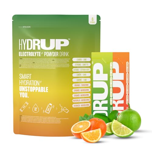 HYDRUP - Electrolitos sin Azúcar en Polvo 1733 mg - Hidratación y Energía al Instante con Vitaminas B y C - 3 Sobres Sabor Naranja y 3 Sabor Lima Limón de 14 Gramos Cada Uno- Sin Gluten ni Lactosa