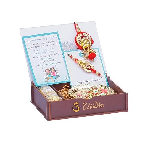 UtsaWe Rakhi Gift Box | Bhaiya Bhabhi Rakhi Gift Box with Roli, Chawal, Greeting Card, Thali Set, and Chocolates | Rakhi Gift Set | Rakhi Gift Hamper (Red Couple Rakhi)