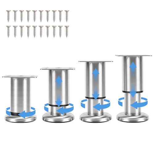 Lot de 4 Pieds de Meuble Reglable en Acier Inoxydable, Pieds de Table Pied de Lit, Pieds Meuble Salle de Bain, Pieds de Meubles pour Meuble TV, Canapé,...