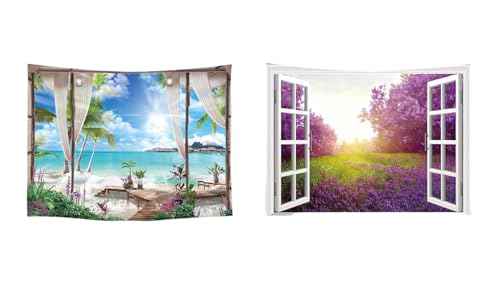 Ulticool – Tapiz Decoración Piso - Playa Mar Naturaleza Lavanda Flores - Azul Blanco Púrpura - Juego de 2 diseños - 73 cm x 95 cm - Toalla de pared - Accesorios para dormitorio, salón