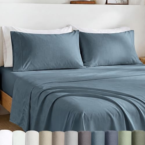 Image of California Design Den Egyptian Percale Sheet Set Full Size - Certified 100% Egyptian Cotton, Lightweight Percale Cotton Sheets Full Size, Deep Pockets, Crisp & Durable Luxury Bedding Set - Slate Blue