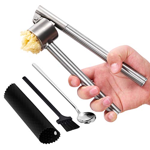 Mempedont Garlic Press Mincer - Update 304 Stainless Steel Garlic Crusher & Peeler Set, Larger & Longer Detachable, Heavy-duty, Rust Proof Garlic Mincer Design for Extracts More Garlic Paste Per Clove