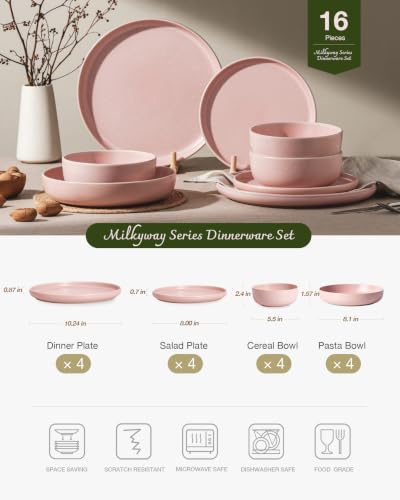 Image of Famiware Milkyway 16-Piece Stoneware Plates and Bowls, Light Pink | Dinnerware Set with Pasta Bowls for 4, Reactive Glaze Dish Set, Microwave & Dishwasher Safe, Chip & Scratch Resistant